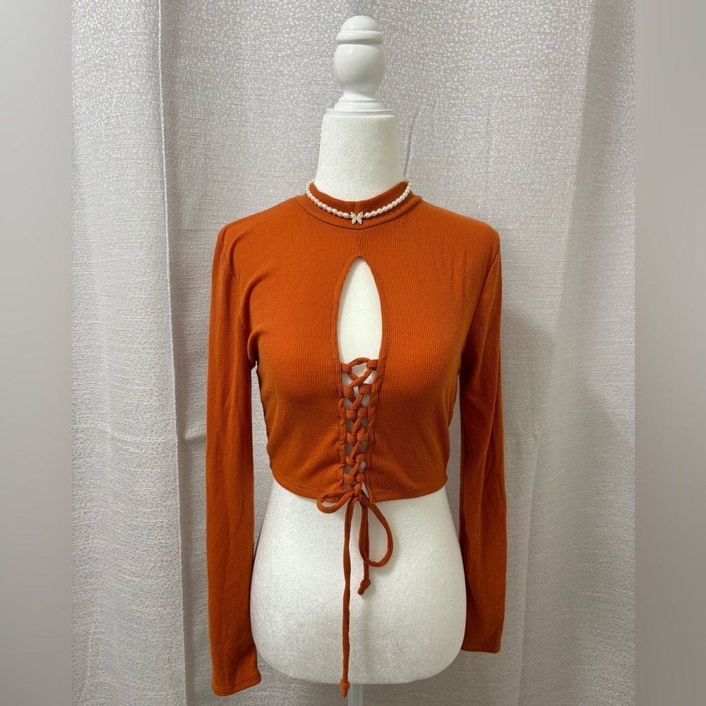 Fashion Nova Women’s Rust Lace-Up Crop Top ribbed knit, Y2K boho Festival